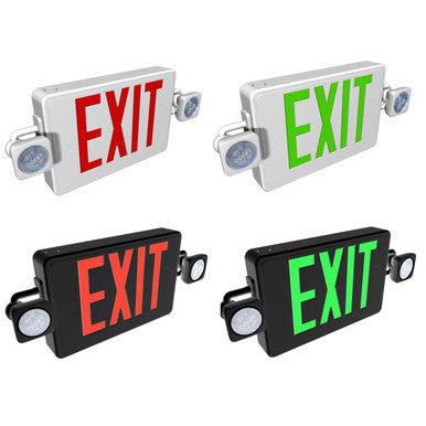Reduced Profile Combo LED Exit Sign And Emergency Light - Choose White or Black Housing Color, with Red or Green Lettering - With 90 Minute Battery Back-Up